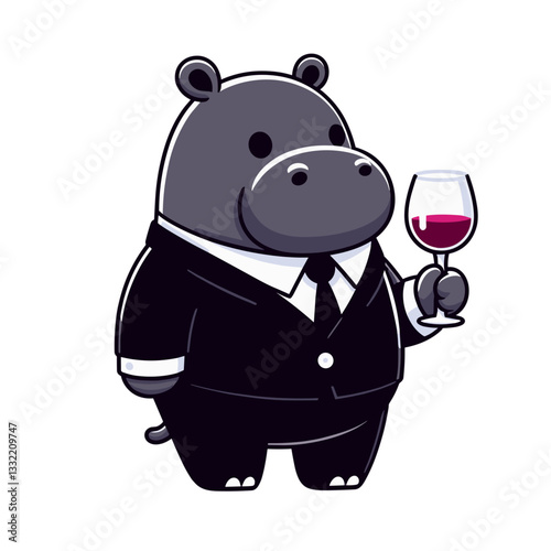 Dark hippo sommelier in formal suit with wine glass. Vector illustration ideal for culinary themes, fine dining or beverage tasting event promotional materials.