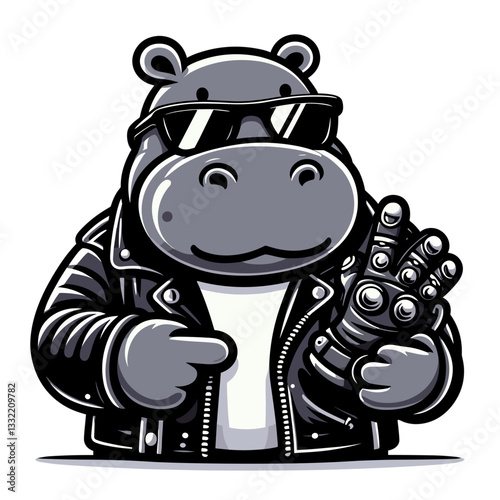 Gray hippo biker in leather jacket with sunglasses. Vector illustration perfect for rebel themes, motorcycle culture or alternative lifestyle representation.