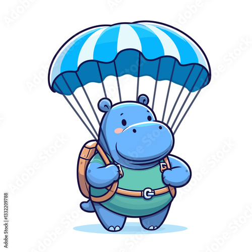 Blue hippo paratrooper with parachute and equipment. Vector illustration ideal for military themes, extreme sports or aerial adventure concepts.