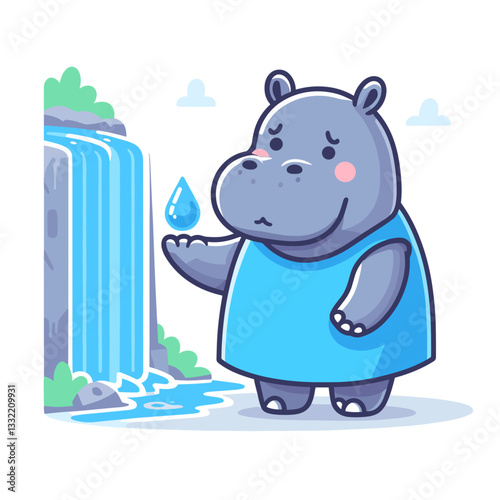 Blue hippo traveler by waterfall in nature setting. Vector illustration perfect for tourism themes, natural wonders or scenic destination promotional materials.
