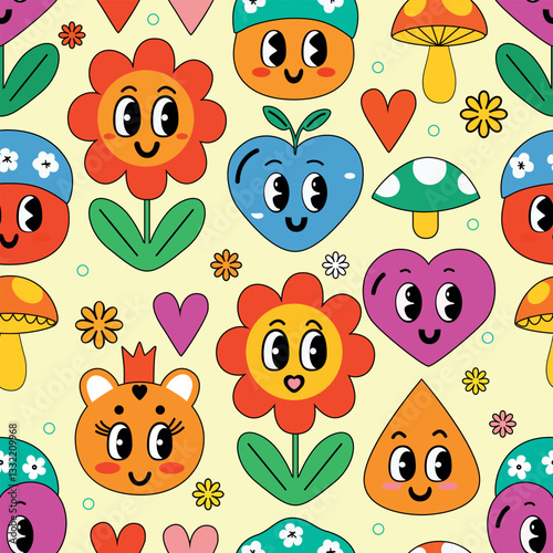 Colorful cartoon characters and cheerful floral designs create a vibrant, playful pattern on a light background