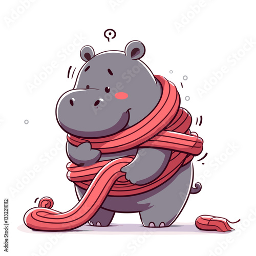 Cold hippo wrapped in long red scarf. Vector illustration concept for winter health products or seasonal clothing brand character design.