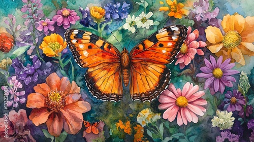 Fototapeta Naklejka Na Ścianę i Meble -  A vibrant watercolor scene of an orange butterfly fluttering among a diverse array of blooming flowers, evoking serenity and the beauty of nature in a colorful, peaceful setting