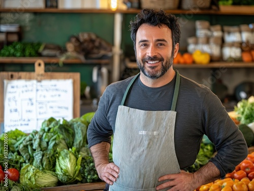 Friendly market vendor smiling at camera, fresh produce background, indoor setting, potential for use in food business marketing