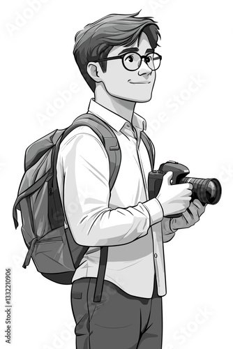 Black-and-white illustration of a young photographer with glasses, holding a camera and wearing a backpack, exuding creativity, passion, and the spirit of capturing moments