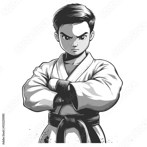 Black-and-white illustration of a determined young martial artist in a gi with a black belt, standing in a strong pose with arms crossed, radiating confidence and focus
