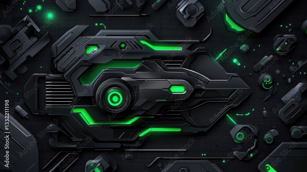 Fototapeta premium Futuristic black mechanical object emits green light, abstractly laid upon a dark textured surface