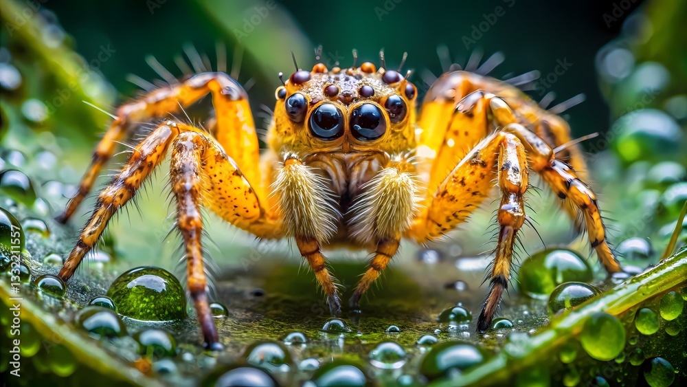 Fototapeta premium Close-up of a vibrant jumping spider on a dewy leaf.