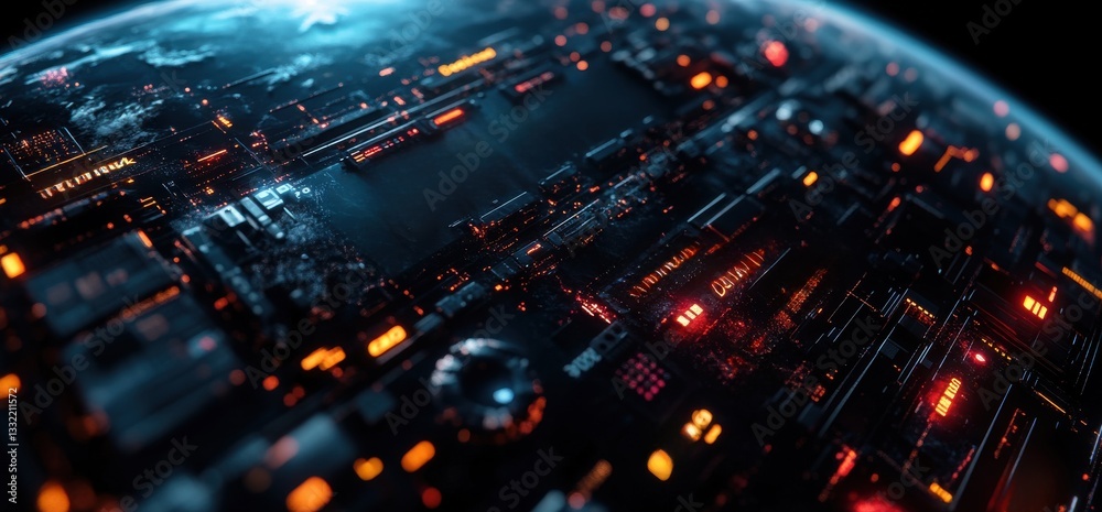 A close up of a city with many lights and a large glowing orb in the center A close up of a city with many lights and a large glowing orb in the center