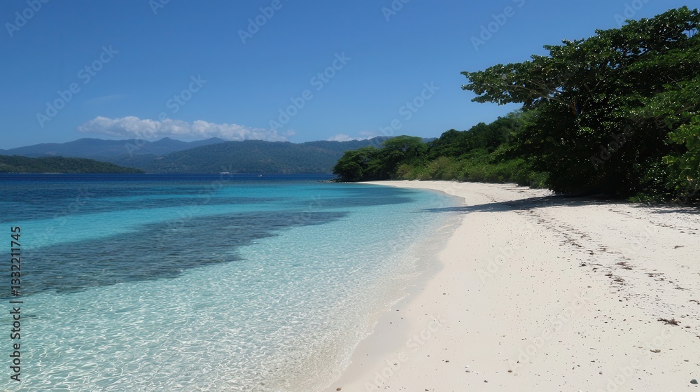 Serene Tropical Beach Scene White Sand Azure Water Lush Green Foliage Serene Tropical Beach Scene White Sand Azure Water Lush Green Foliage
