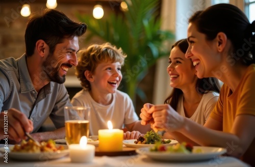 Four family members share a joyful dinner smiling and laughing around the table. Candles illuminate the cozy atmosphere as they savor their meal and connect with each other.