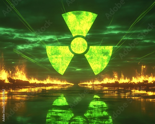 A glowing nuclear hazard sign amidst fire and reflective water
