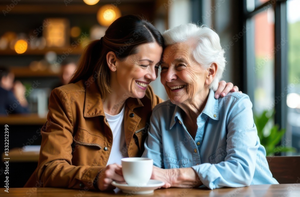 Two women share a joyful moment in a cafe engaging in laughter and conversation. They sit close together holding a cup surrounded by a warm inviting atmosphere. Two women share a joyful moment in a cafe engaging in laughter and conversation. They sit close together holding a cup surrounded by a warm inviting atmosphere.