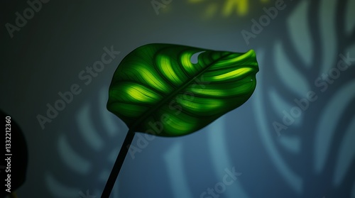 Monstera leaf illuminated against a wall