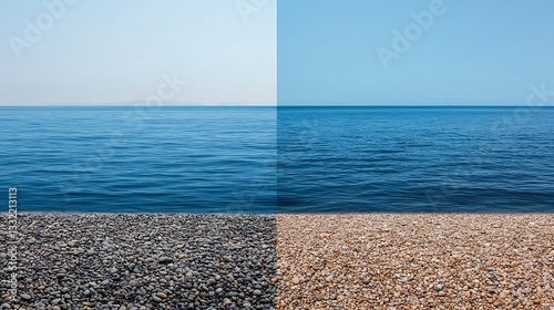 A serene split image showcasing tranquil blue waters and different textured sandy and pebbly shores under a clear sky.