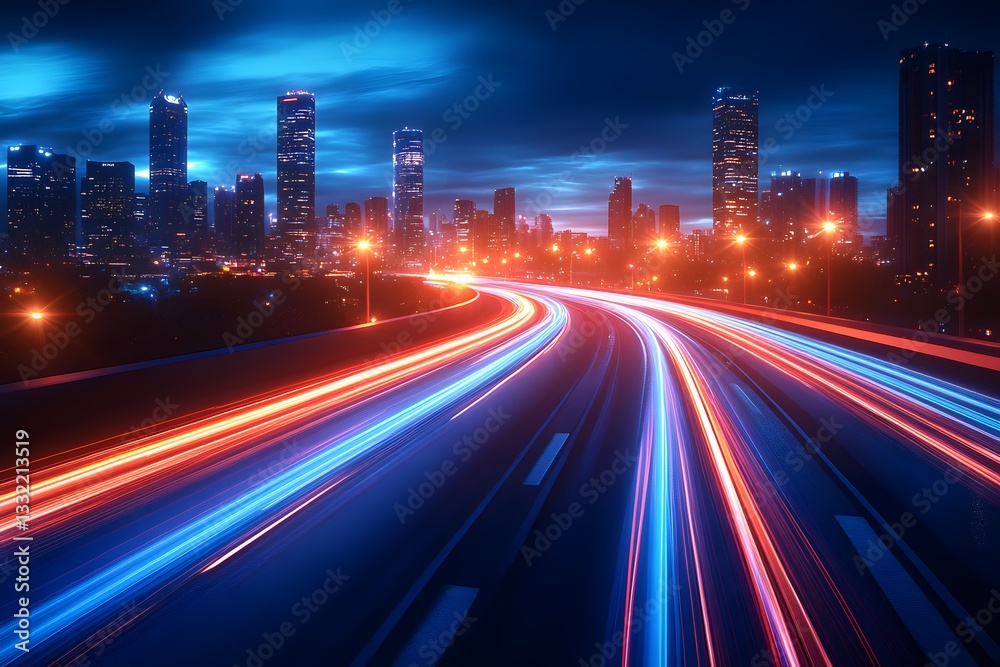 Fototapeta premium Vibrant Urban Nightscape: Light Trails on City Highway for Modern Design