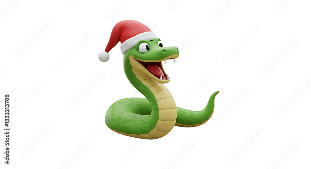 Fototapeta premium Festive Cartoon Snake Smiling Wearing a Christmas Hat Illustration