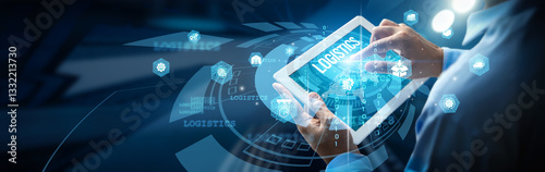 A person is using a mobile digital interface, highlighting logistics management, supply chain tracking, inventory control, shipment routing, and delivery optimization to improve operational efficiency