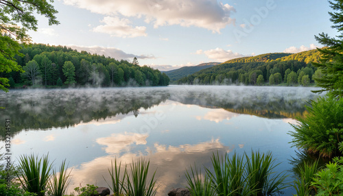 Tranquil mist over peaceful lake in lush forest, serene nature