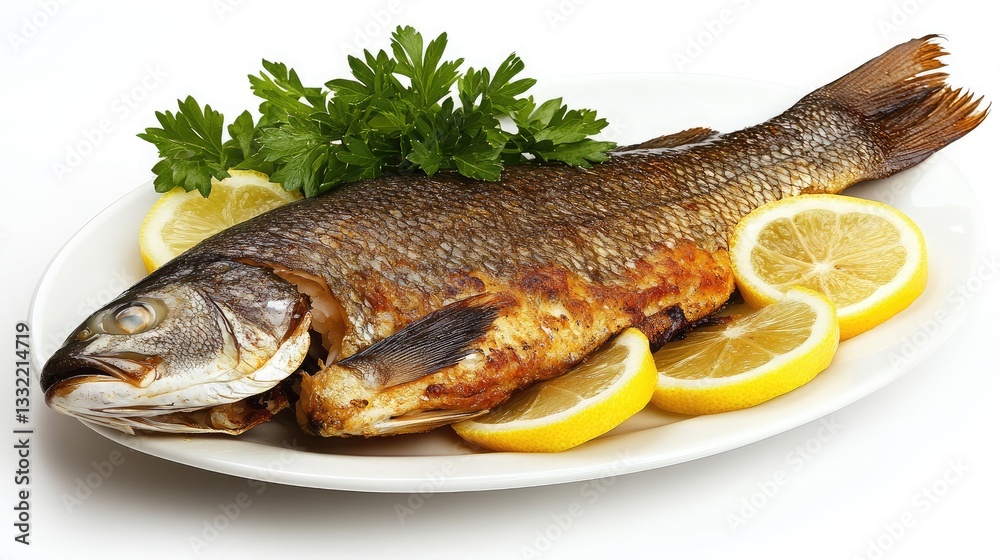 A plate of steamed white fish garnished with lemon slices and parsley on a white background. A plate of steamed white fish garnished with lemon slices and parsley on a white background.