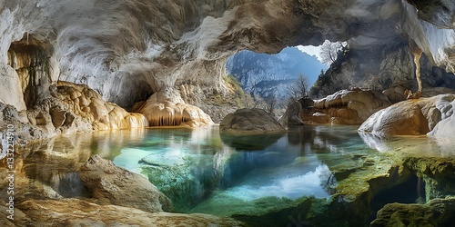 a cave with a body of water and rocks