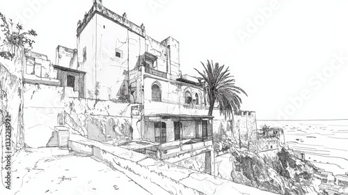 Tangier Coastal Sketch: Architectural Line Art - Moroccan coastal town, architecture, ocean view, palm tree, sketch . Evokes feelings of travel, history, and serenity