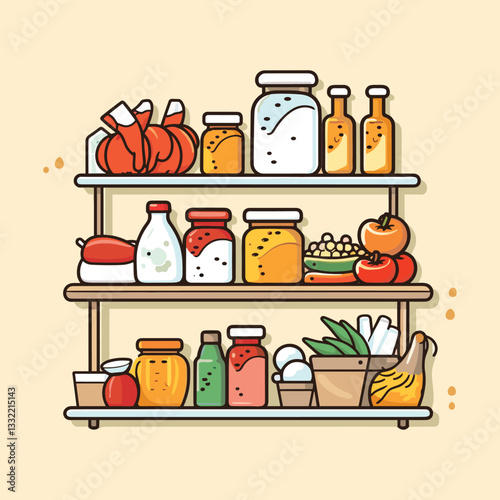 Hand-Drawn Kitchen Pantry Shelf with Food and Groceries - Vector Illustration