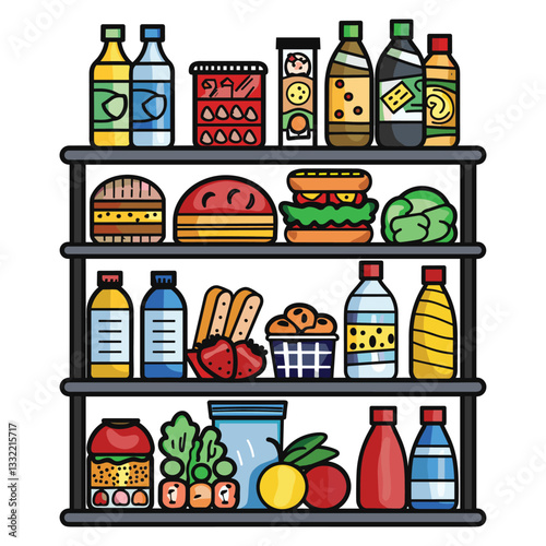 Stocked Pantry with Groceries and Food Items - Colorful Vector Illustration
