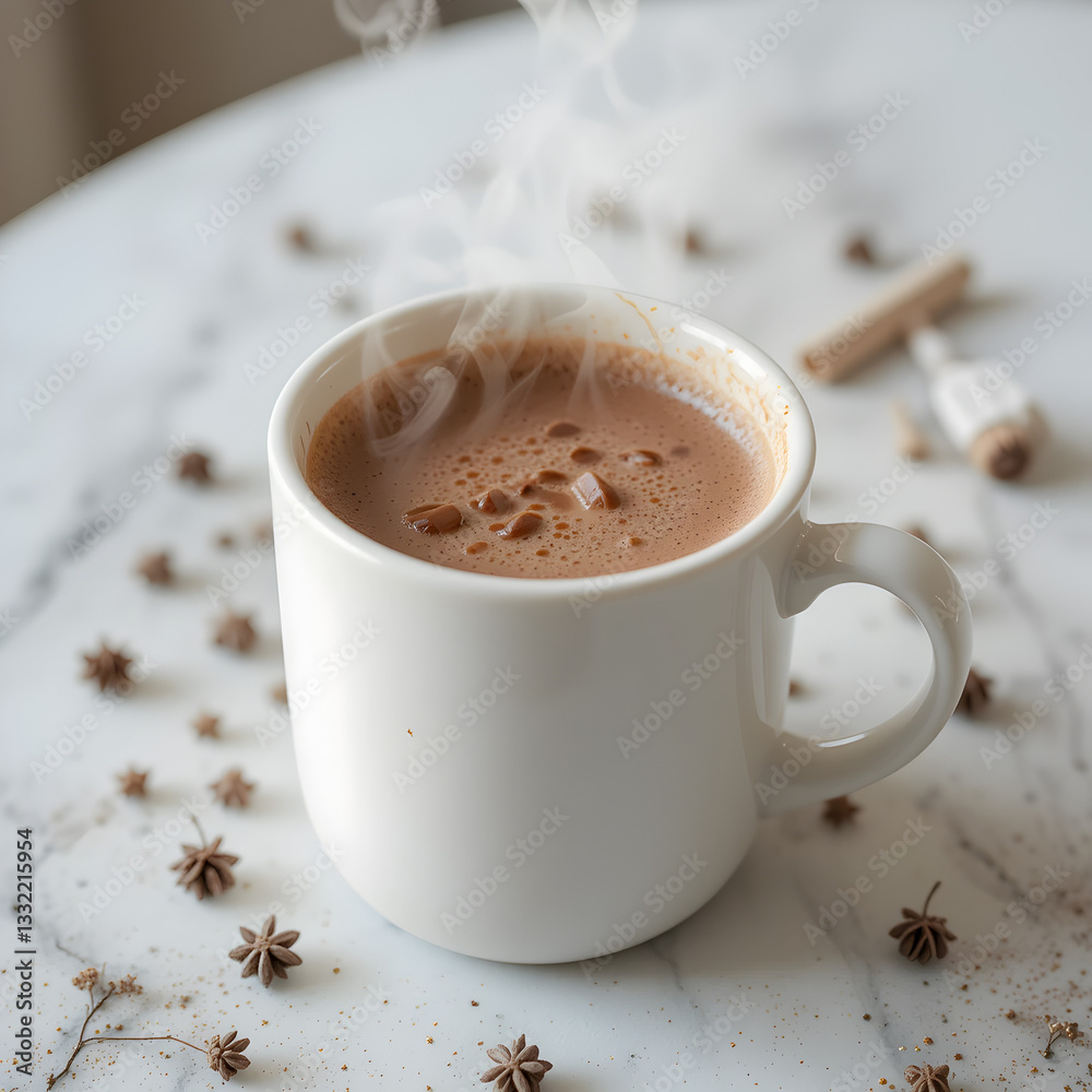 Fototapeta premium A cup of warm hot cocoa with steam on morning on table 