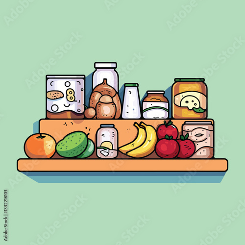 Stocked Pantry with Groceries and Food Items - Colorful Vector Illustration