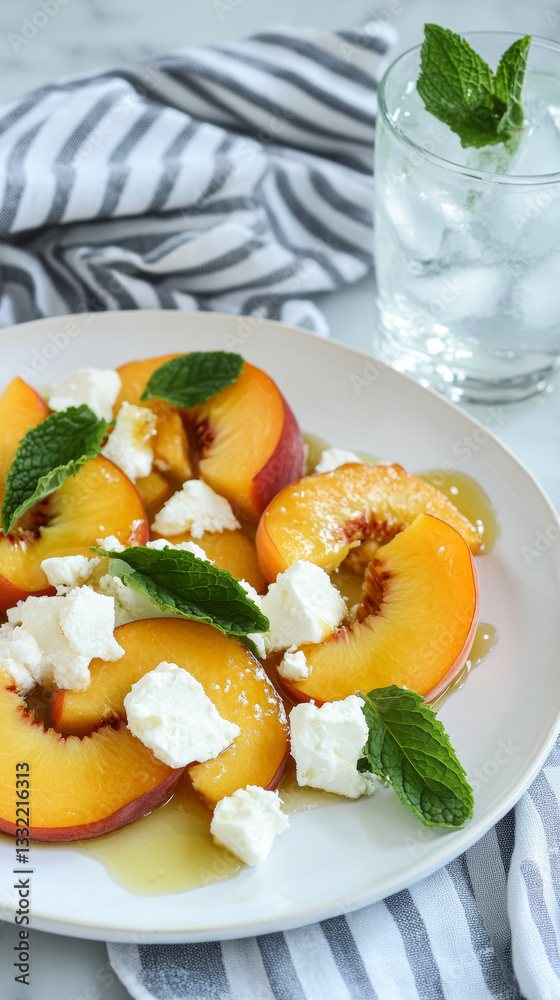 Refreshing fruit and cheese salad with juicy peaches and mint Refreshing fruit and cheese salad with juicy peaches and mint