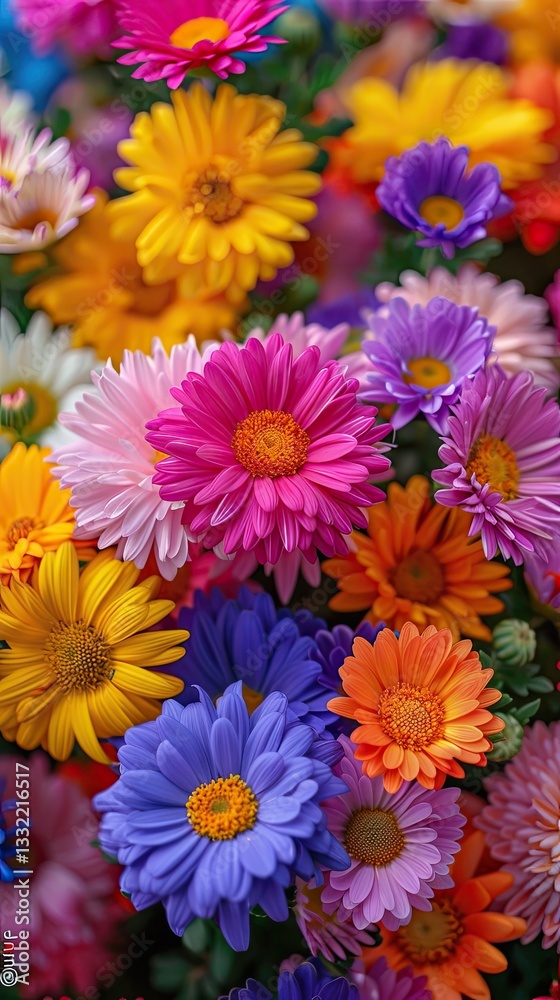 Fototapeta premium A colorful wildflower garden bursts into full bloom, filling the landscape with vibrant hues and delicate petals.