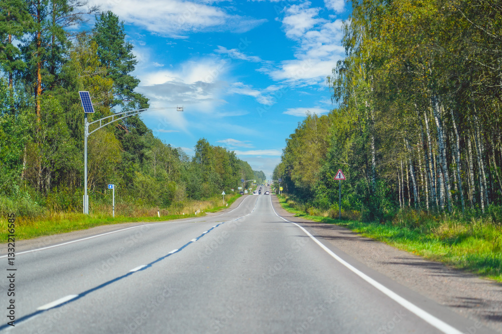 Fototapeta premium Asphalt road rural around forest wooden on a sunny day