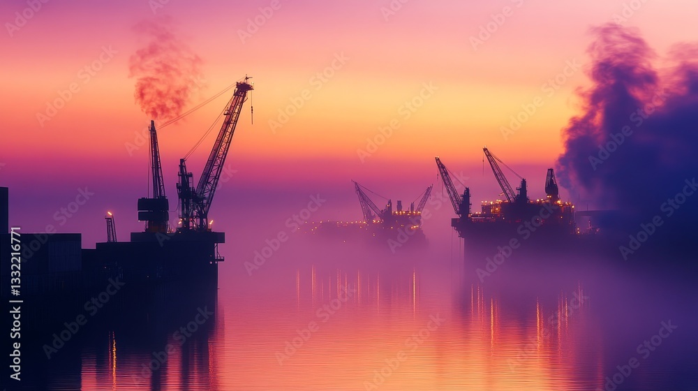 Silhouetted cranes and oil rigs at sunset over a misty harbor, showcasing industrial beauty Silhouetted cranes and oil rigs at sunset over a misty harbor, showcasing industrial beauty