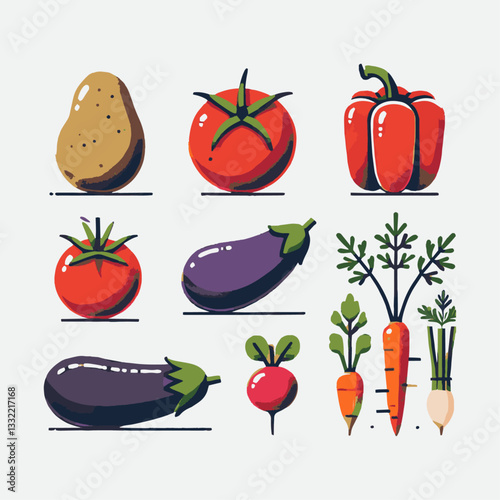  Modern vector-style illustration of various vegetables, including a potato, red bell pepper, tomato, eggplant, pumpkin, cauliflower, radish, easily editable.