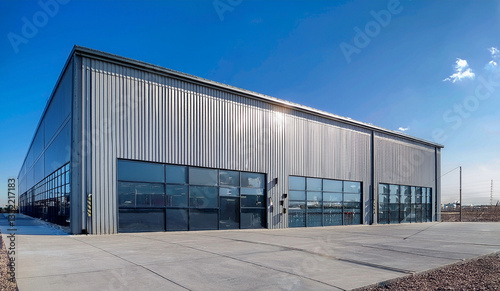 A modern industrial warehouse with a sleek metal exterior, featuring large glass windows and doors for natural lighting. The building has a corrugated metal facade and a clean concrete pavement surrou