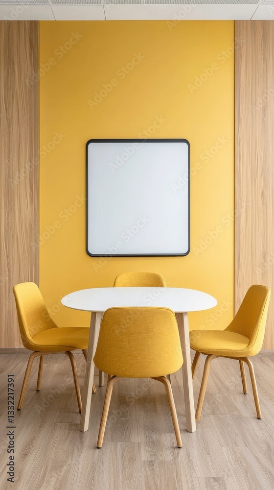 Fototapeta premium Modern Conference Room with Yellow Accent Wall and White Table