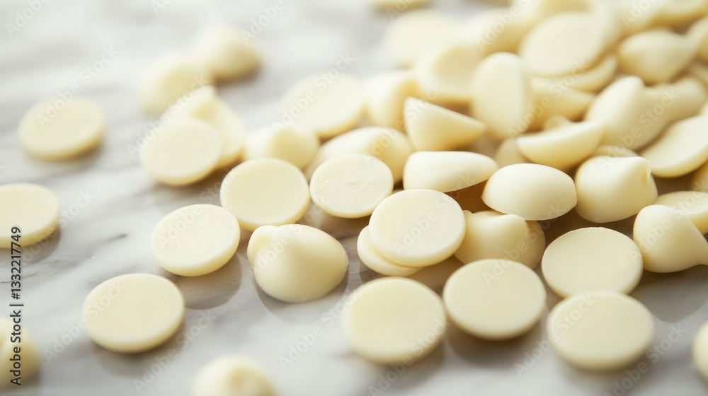 A soft-focus close-up of white chocolate chips scattered on a marble surface. A soft-focus close-up of white chocolate chips scattered on a marble surface.