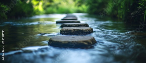 Stepping stones lead across a serene stream, framed by lush greenery, inviting exploration and tranquility in nature's embrace.