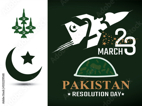 23 march Pakistan resolution day banner  design, poster design, card design, tamplate design with fighter jets, mountains, typography, green background with vector illustration
