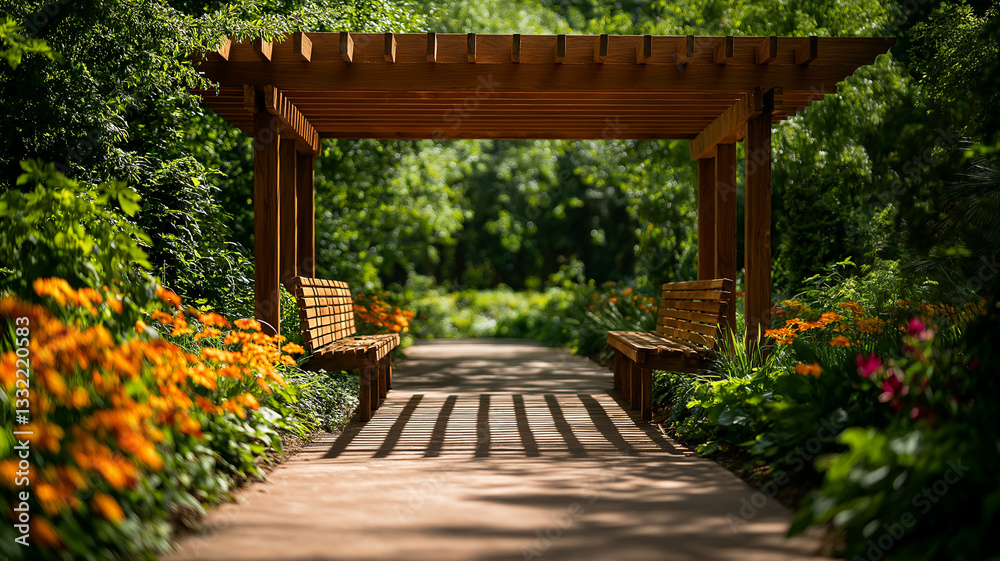 serene wooden pergola with benches surrounded by vibrant flowers in lush garden. sunlight casts beautiful shadows on path, creating peaceful atmosphere serene wooden pergola with benches surrounded by vibrant flowers in lush garden. sunlight casts beautiful shadows on path, creating peaceful atmosphere