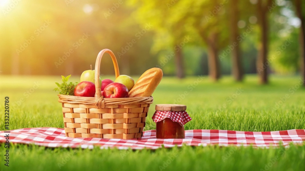Summer picnic basket concept, A picnic basket with apples and jam sits on a checkered blanket in a sunny park. Summer picnic basket concept, A picnic basket with apples and jam sits on a checkered blanket in a sunny park.