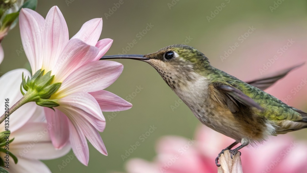 Fototapeta premium Hummingbird Feeding on a Pink Dahlia Flower Against a Soft Background, Capturing the Elegance of Nature’s Details