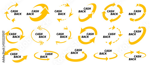 Cash back label collection with arrow. Cash back icons. Saving and money refund icons