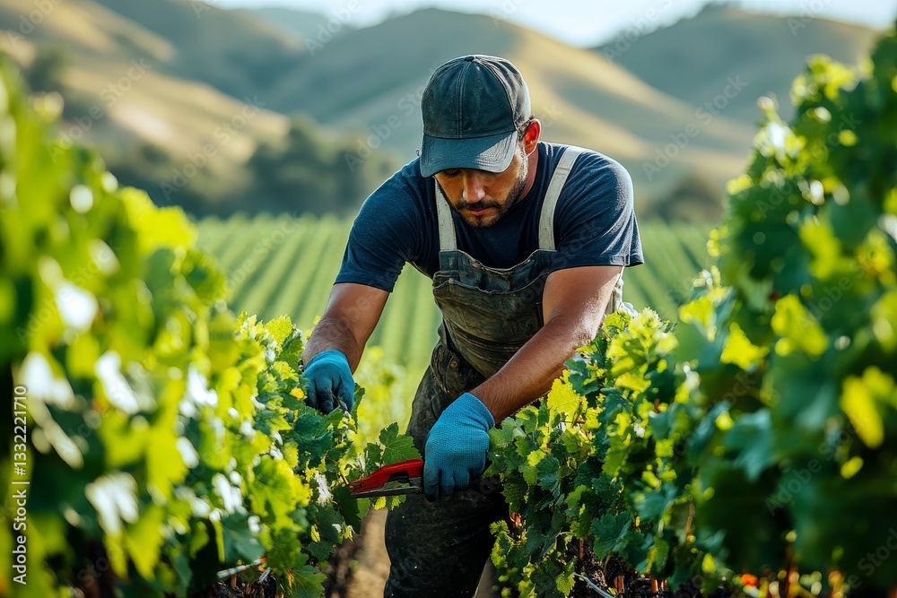 Fototapeta premium Worker examines grapevines in a vineyard during a sunny afternoon amidst rolling hills
