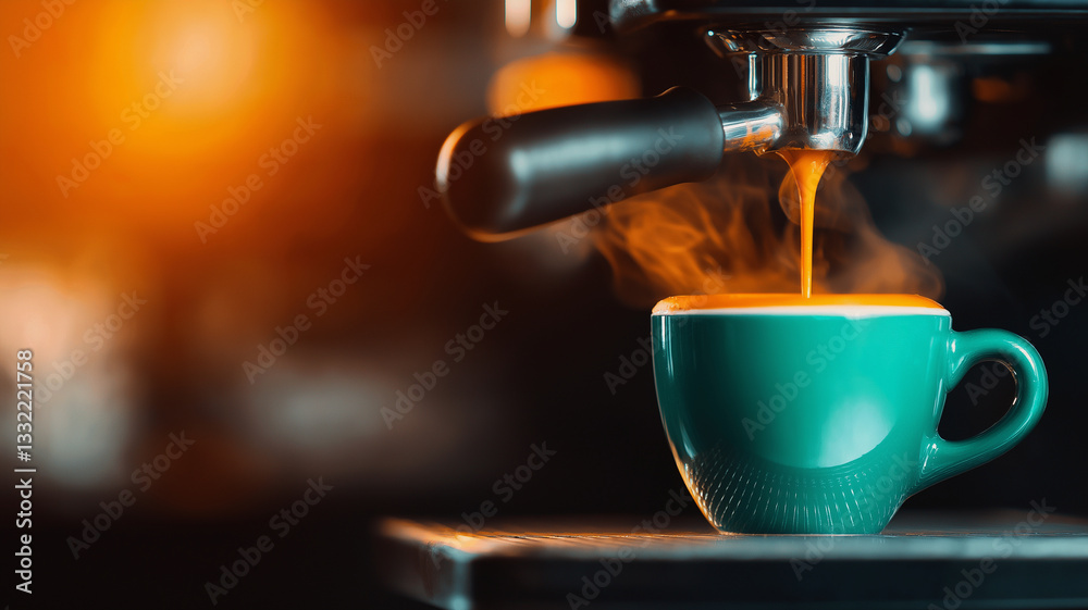 barista extracts espresso from machine into teal cup, with steam rising, creating warm and inviting atmosphere barista extracts espresso from machine into teal cup, with steam rising, creating warm and inviting atmosphere