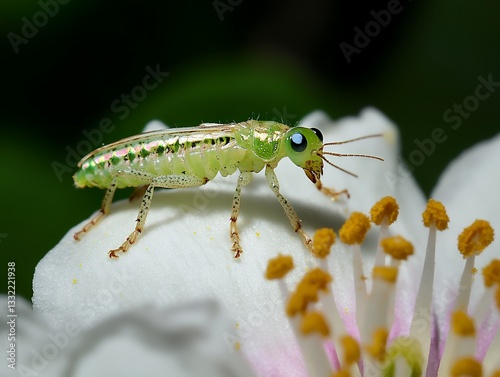 close view of a larva shimmering with pearly lime tint