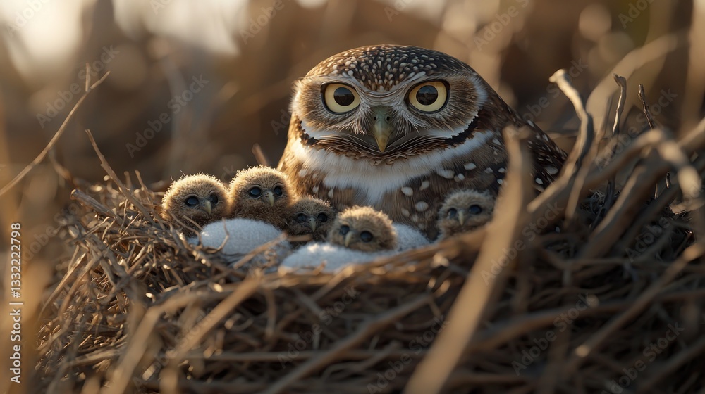 Owl family in nest, sunset background. Possible use nature, wildlife, education Owl family in nest, sunset background. Possible use nature, wildlife, education