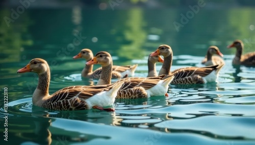 A gaggle of geese swimming, heads bobbing rhythmically, wild animals, animal
