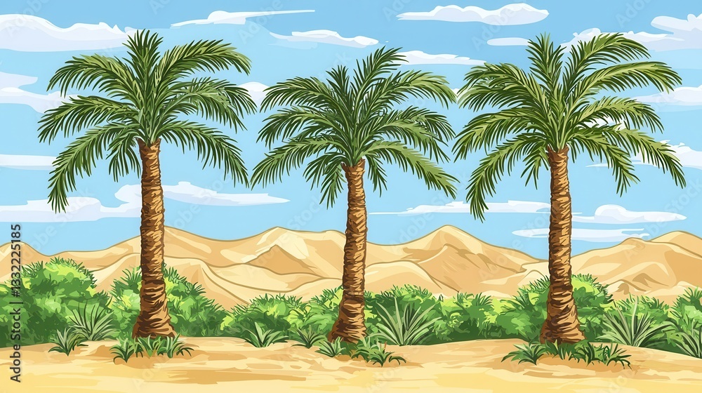 Desert Oasis Three Palm Trees and Sand Dunes under a Blue Sky Desert Oasis Three Palm Trees and Sand Dunes under a Blue Sky